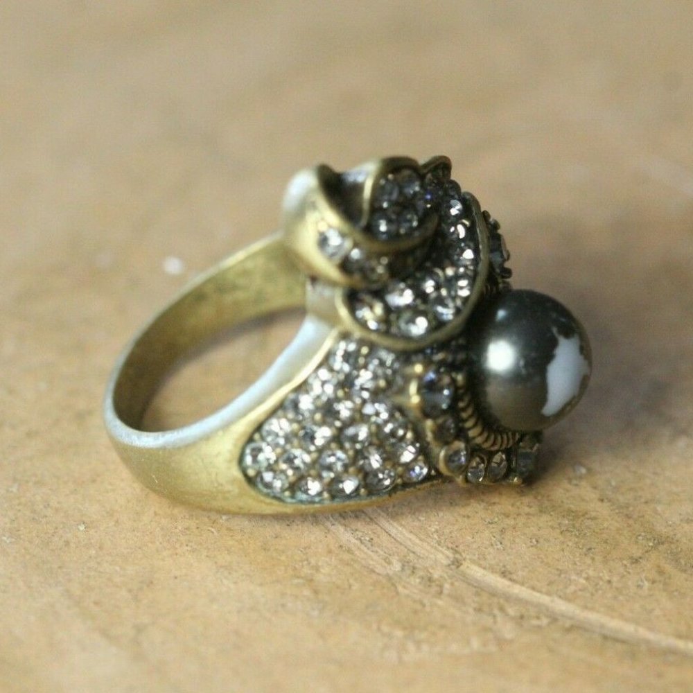 Heidi Daus Black Faux Pearl Clear Swarovski Crystal Ring Size 9